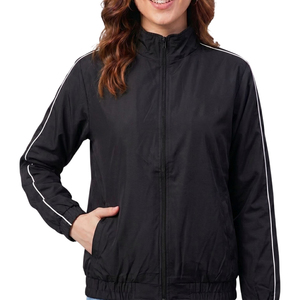 Veste de course coupe-vent noire pour femme, manches longues, col montant, fermeture éclair, couleur unie, design à rayures contrastées, vêtement d'automne - Product Image 1