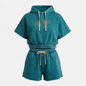 Conjunto de 2 Piezas para Mujer, Sudadera con Capucha y Pantalones Cortos, Color Sólido, Algodón Lavado, Corte Holgado Informal, Por Encima de la Rodilla, Transpirable, Primavera Verano - Product Image 1