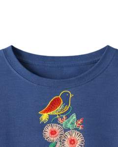 Camiseta Corta Azul Marino para Mujer, Bordado Floral de Aves, Manga Corta, Informal, de Moda, Mezcla de Algodón Suave, Top de Verano para Mujer, Venta al por Mayor - Product Image 3