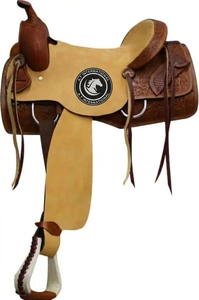 Silla de montar DD de cuero bicolor estilo western para rodeo, con diseño floral grabado a mano, costuras decorativas y asiento rígido, para equitación. - Product Image 2