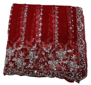 Sari rouge en filet avec broderie argentée et perles, tenue de soirée de mariage, sari traditionnel Bollywood pour femmes, longueur au sol, séchage rapide - Product Image 5