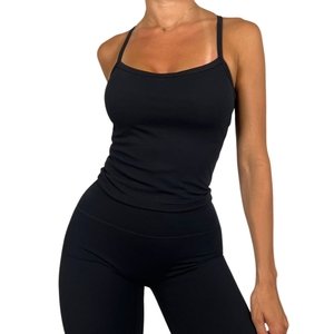 Camiseta sin mangas de cuello redondo acanalada para mujer, de alta calidad, transpirable, ajustada, elástica, tejida, para gimnasio y deportes, venta al por mayor personalizada - Product Image 1