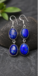 Natural Lapis Lazuli <b>Gemstone</b> Silver Dangle Earrings, Handmade 925 Sterling Silver Drop Earrings, Blue Stone Jewelry for Women - Product Image 2