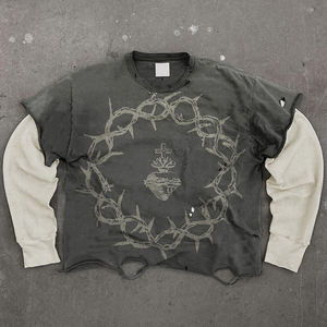 T-shirts personnalisés de haute qualité avec logo, design vintage, effet délavé, double couche, manches longues pour hommes - Product Image 4