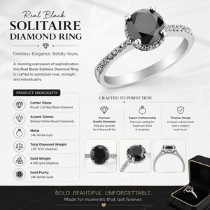 Anillo de Diamante Solitario Negro Real con Piedras Blancas de Acento |   Anillo de Compromiso de Oro Blanco de 14K |   Anillo de Diamante Negro de Corte Redondo - Product Image 5