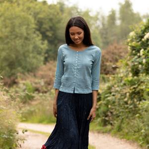 Short KURTA <b>TOP</b> Pale Duck Egg Blue Pintuck Women <b>Top</b> Casual Wear Plain Dyed <b>Long</b> Sleeve <b>Top</b> For women - Product Image 4