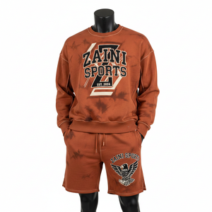 Ensemble sweat-shirt et short pour homme en molleton de coton et polyester de qualité supérieure, brun délavé à l'acide, avec impression personnalisée du logo. - Product Image 6