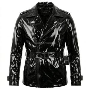 Manteau <span class=keywords><strong>trench</strong></span> pour homme en similicuir verni <span class=keywords><strong>noir</strong></span> brillant, imperméable, avec ceinture, doublure matelassée et rembourrée - Product Image 1