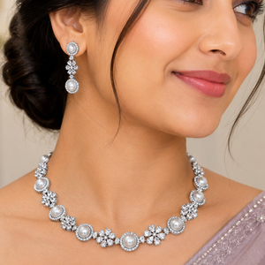 Ensemble collier et boucles d'oreilles pour femme JeweleMarket, plaqué or, pierres en cristal, style ethnique, mariage, fiançailles, anniversaire, Maharashtra - Product Image 1
