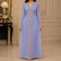 Nouvelle Robe Kaftan Enfant Bleu Ciel Brodé de Fleurs en Polyester Respirant à Manches Longues avec Cape Assortie pour Fête – Collection Designer