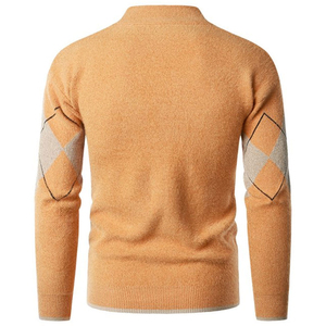 Men's Orange <b>Argyle</b> Knit Pullover <b>Sweater</b> Full Sleeve Autumn Wear - Product Image 2
