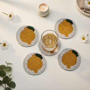 Sous-verres ronds perlés faits à la main, motif citron, style nordique, napperons en tissu, diamètre 300 mm, ensemble de 4 pour décoration de table - Product Image 1