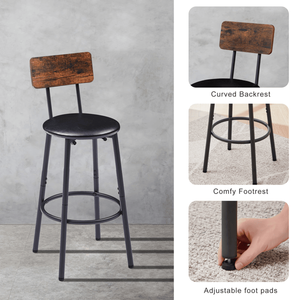 <b>Rustic</b> Brown Upholstered Round Bar Stool Set with Backrest and <b>Shelf</b> 23.62 W X 23.62 D X 35.43 H - Product Image 3