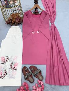 Conjunto de Traje Plazzo de Seda Romana Pura Premium con Bordado, Mangas con Borlas Elegantes, Trabajo de Hilo, Anillo Metálico Elástico y Dupatta para Mujer - Product Image 1