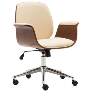 Chaise de bureau en métal chromé et bois courbé avec assise en similicuir crème et marron, durable et élégante - Product Image 1