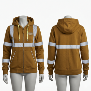 Sweat-shirt de travail pour femme en molleton de coton et polyester 320 GSM, marron, avec panneau réfléchissant, fermeture éclair de sécurité, broderie personnalisée, impression de logo - Product Image 1