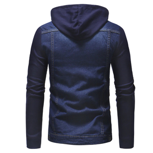 Veste en jean bleu foncé pour homme, à capuche, coupe ajustée, simple boutonnage, pour l'automne - Product Image 3