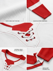 Maillot de hockey sur glace pour femmes, blanc et rouge, manches longues, col en V, en maille polyester anti-humidité, vêtement de sport - Product Image 3