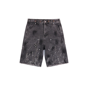 Shorts pour hommes en coton de haute qualité, sur mesure, délavés au soleil, avec motif uni en strass, décontractés, en vente - Product Image 5