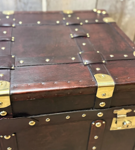 Vintage Leather Wooden Storage Trunk Antique Travel Chest <b>Coffee</b> <b>Table</b> <b>Box</b> with Brass Locks and Metal Studs Furniture - Product Image 3