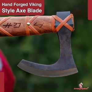Hacha de Batalla Nórdica Forjada a Mano con Grabado Futhark, Hacha Medieval Tipo Tomahawk para Campismo y Supervivencia al Aire Libre con Envoltura de Cuero Tachonado - Product Image 3