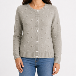 Suéter Cárdigan de Mujer con Botones Delanteros, Manga Larga, Cuello Redondo, Textura de Puntos |   Fabricante OEM ODM Bangladesh - Product Image 3