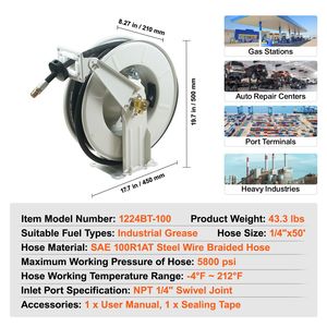 Tubo Flessibile Extra Lungo 1/4'' x 50'' per Ingrassaggio, Avvolgitore a Molla in Acciaio al Carbonio Resistente con Riavvolgimento Automatico Girevole per Carburante e Lubrificanti - Product Image 3