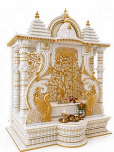Temple hindou en bois de teck sculpté à la main, style paon, blanc et or, aspect marbre, style Mayur divin, fait sur mesure aux États-Unis - Product Image 3