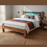 Lit double pliable minimaliste DIVADI en teck massif de bateau récupéré, tête de lit démontable, couleur naturelle, écologique et durable