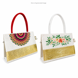 Bolsa de Yute Blanca con Estampado Floral Digital y Parche de Cuero Artificial Dorado, Elegante Bolsa de Mano para Mujer, Bolsa de Compras - Product Image 1