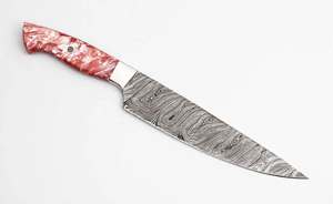 Cuchillo de Cocina Artesanal de Acero de Damasco con Mango de Resina Rosa Roja Perla para Rebanar - Product Image 5