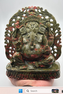 Statue en pierre sculptée à la main du Dieu Ganesha, finition antique verte et rouge, idole décorative du dieu hindou pour la maison, le temple ou comme cadeau - Product Image 4