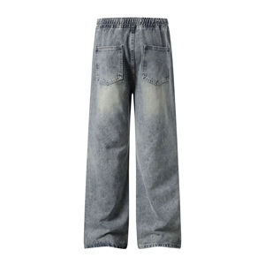 Jeans baggy droits personnalisés pour hommes, style streetwear, en denim de coton délavé foncé, effet usé, vintage et tendance - Product Image 4