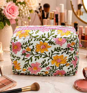 Floral Cotton Quilted Makeup Bag Zipper Cosmetic Pouch Quilted Beauty <b>Case</b> for Travel Daily Use - Product Image 4