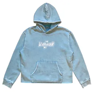 Blue Streetwear Loose Vintage Washed Heavy Weight Cotton Embroidered Custom Hoodies Unisex Oversized Cropped Boxy Hoodie