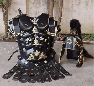 Ensemble d'armure romaine traditionnelle noire en métal, avec casque et protège-jambes, plaques plates polies, pour déguisement d'Halloween - Product Image 2