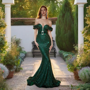 فستان تول مكشوف الكتفين باللون الأخضر بدون حمالة مقاس كبير-فستان مثير مطرز بالترتر بطول الأرضية ستارة زفاف - Product Image 4