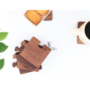 Puzzle Theme Wooden <b>Coaster</b> <b>Set</b>. Interlocking Walnut Wood Personalized Engraved Design Drink Mats For Creative Table Decor - Product Image 3