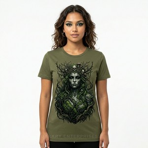 Custom Printed Women T Shirt Forest <b>Spirit</b> Nature Goddess Graphic Tee Moss Green Cotton T-shirt Bulk Wholesale Clothing Factory - Product Image 1