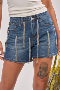 Shorts en jean taille haute pour homme avec franges et patchs, style patchwork décontracté en toile délavée à braguette boutonnée - Product Image 2