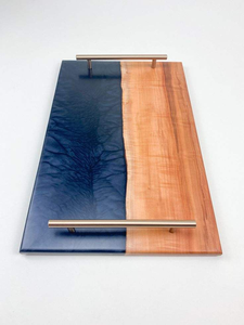 Bespoke Burl Wood Navy Blue <b>Epoxy</b> Resin Serving Tray Rose Gold Handles Luxury Charcuterie Board Decorative Kitchen - Product Image 5