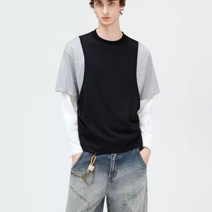T-shirts personnalisés à manches longues double couche, coupe oversize à épaules tombantes pour hommes, avec blocs de couleur - Product Image 2