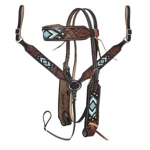 Ensemble de têtière et de collier de poitrine pour cheval de style western haut de gamme, en cuir ciselé à la main avec incrustation de turquoise, équipement équestre - Product Image 1