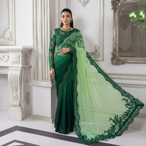 Sari en soie bleu marine élégant avec bordure brodée pour les occasions de mariage, sari indien et pakistanais pour femmes, longueur au sol - Product Image 2