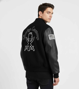 SHY SPORTS Custom OEM Asymmetric Varsity <b>Jacket</b> Black Grey Wool Split Color Leather Sleeve OC Patchwork <b>Bomber</b> Letterman <b>Jacket</b> - Product Image 6