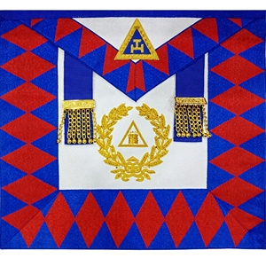 Tablier maçonnique personnalisé brodé, motif à carreaux rouge, bleu et blanc, avec écusson à coudre couronne de lauriers dorée, décoration classique pour vêtement - Product Image 1