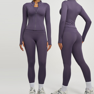 Ensemble de vêtements de sport pour femmes, veste à manches longues violette, soutien-gorge de sport, leggings taille haute sans couture, tenue de fitness - Product Image 3