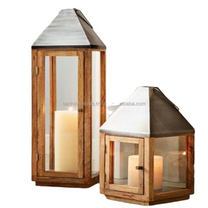 Linterna cuadrada decorativa de madera con tapa brillante SS y mango de cuerda trenzada - Product Image 2