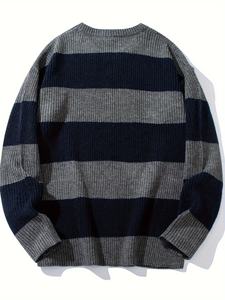 Pull en maille rayé gris personnalisable pour homme, col rond, manches longues, color block, décontracté, hiver, broderie numérique - Product Image 2