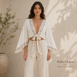 Shrug en coton à nouer devant |   Kimono Cardigan Bohème Imprimé à la Main pour Femme, Manches Cloche, Idéal pour l'Été, la Plage, les Festivals et les Vacances - Product Image 4